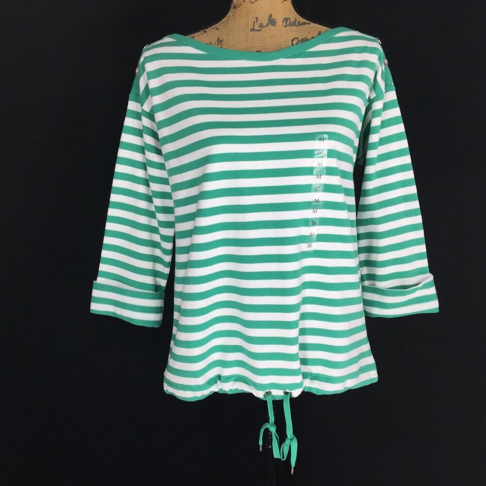 Anne Klein Top M Electric Green White Stripe Boxy Boat Neck Nautical‎ NWT $70